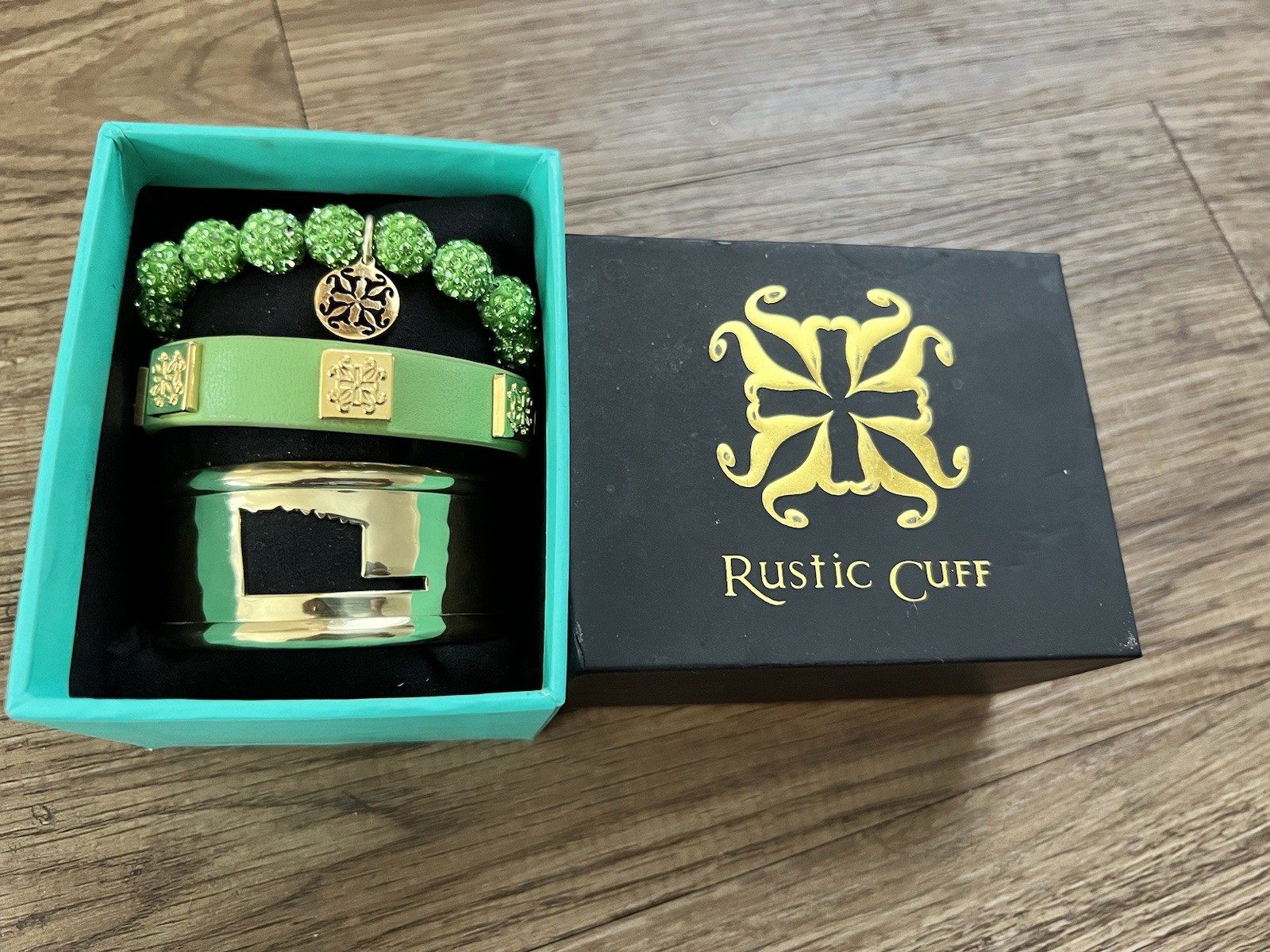 Rustic Cuff Signed Green Crystal Gold Plated Bracelet Jewelry Set