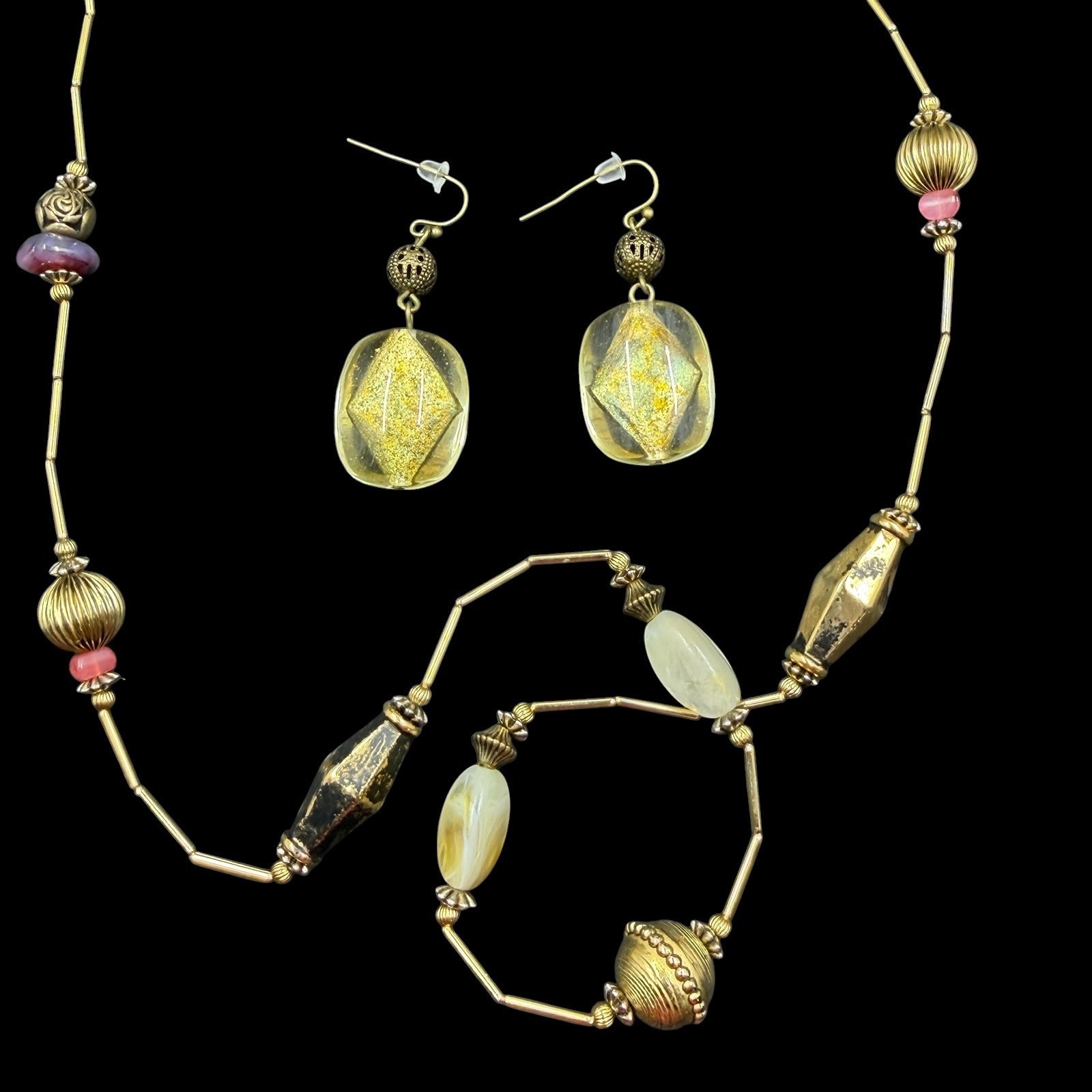 Vintage Boho Art To Wear Beaded Necklace Set Festival Earthy Maximalist Gold