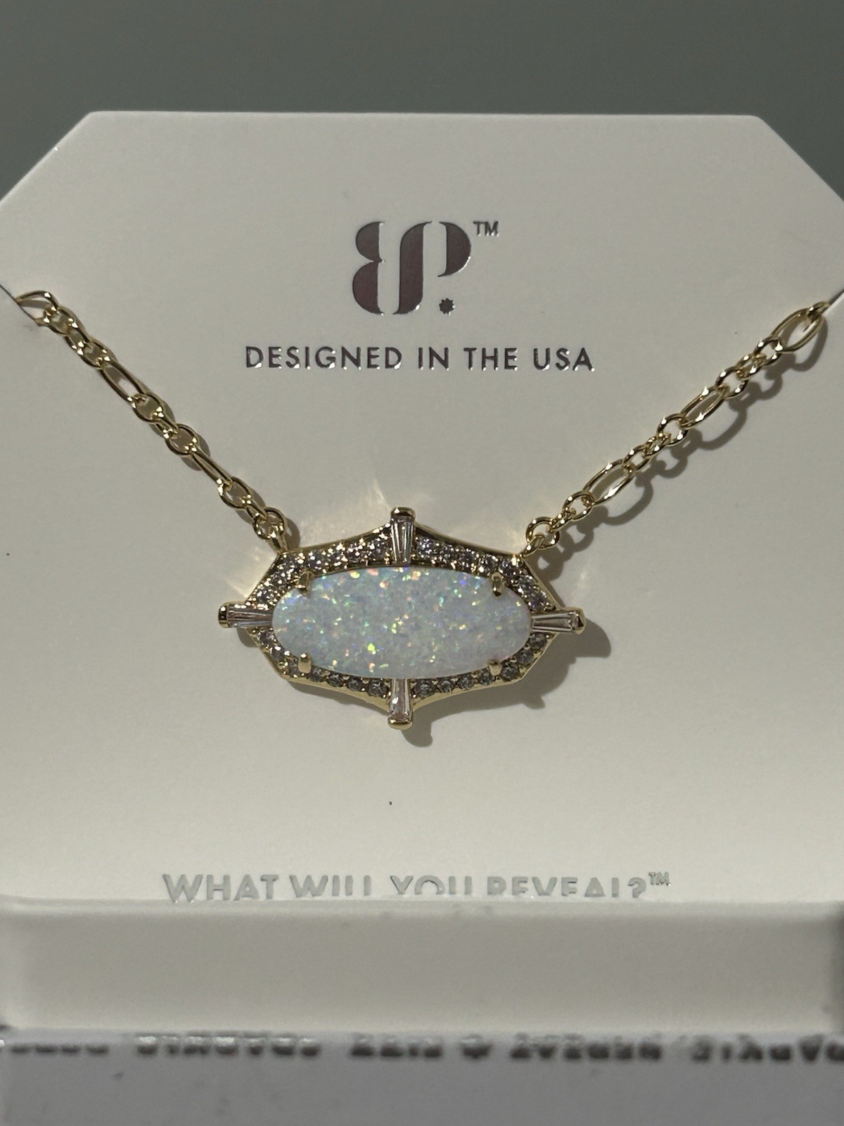 BP Gold Plated Lab GrownMilky White Opal CZ Framed in Flame – Necklace