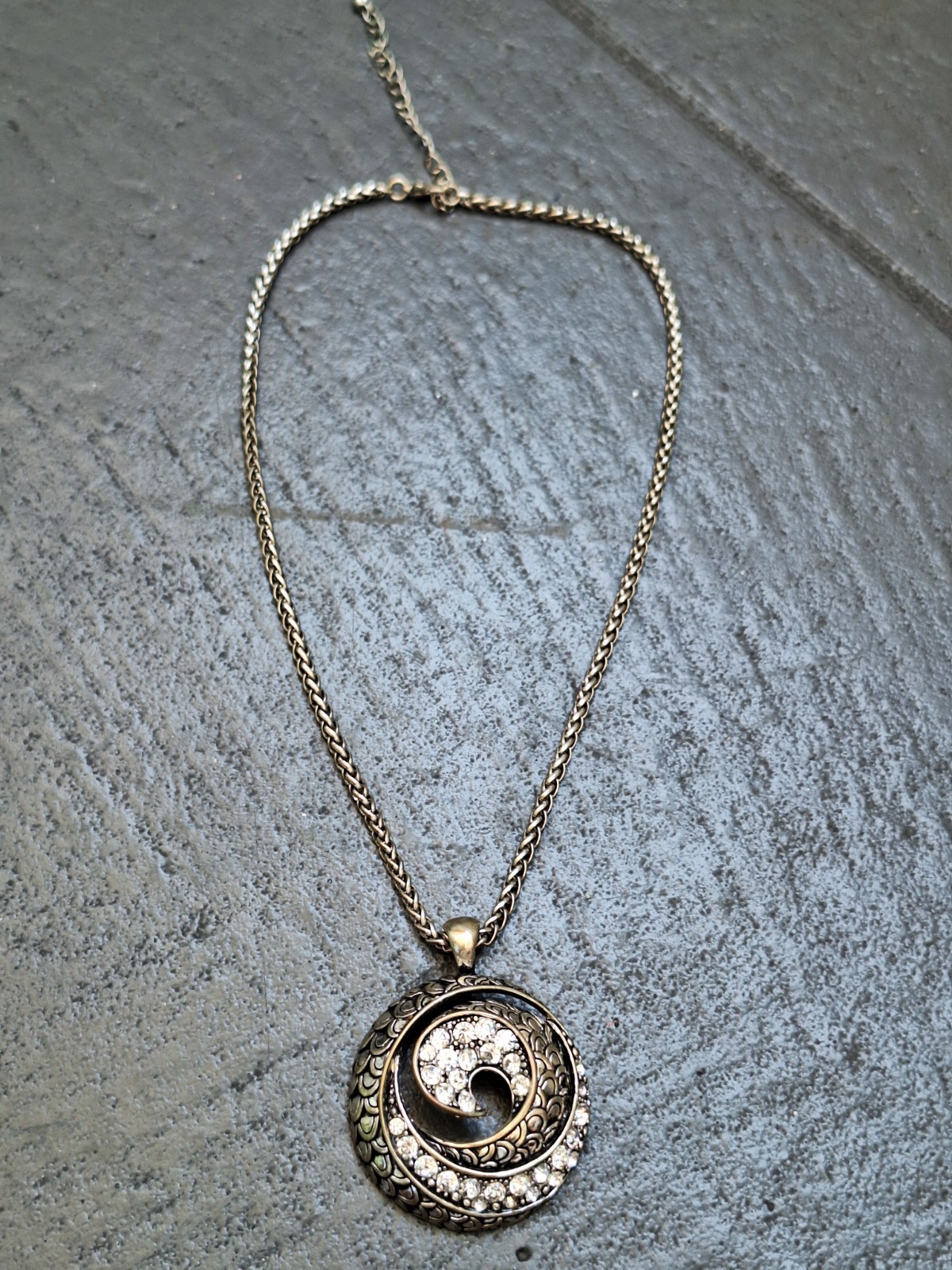 Crescent Swirl spiral wave round metal pendant necklace + crystals vintage