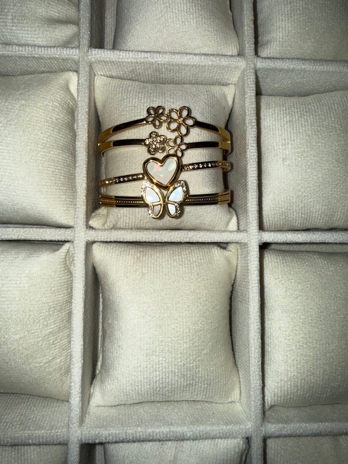 Set of 3 Stainless Steel Gold Tone Butterfly, Heart & Flower Cuff Bangles