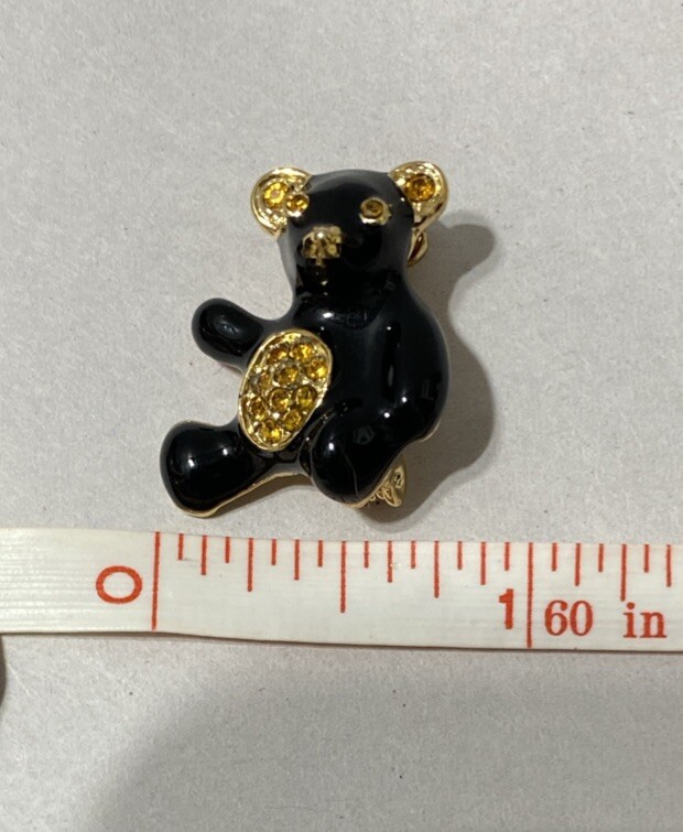 Vintage ROMAN Teddy Bear Pin Black Enamel With Amber Rhinestones Signed