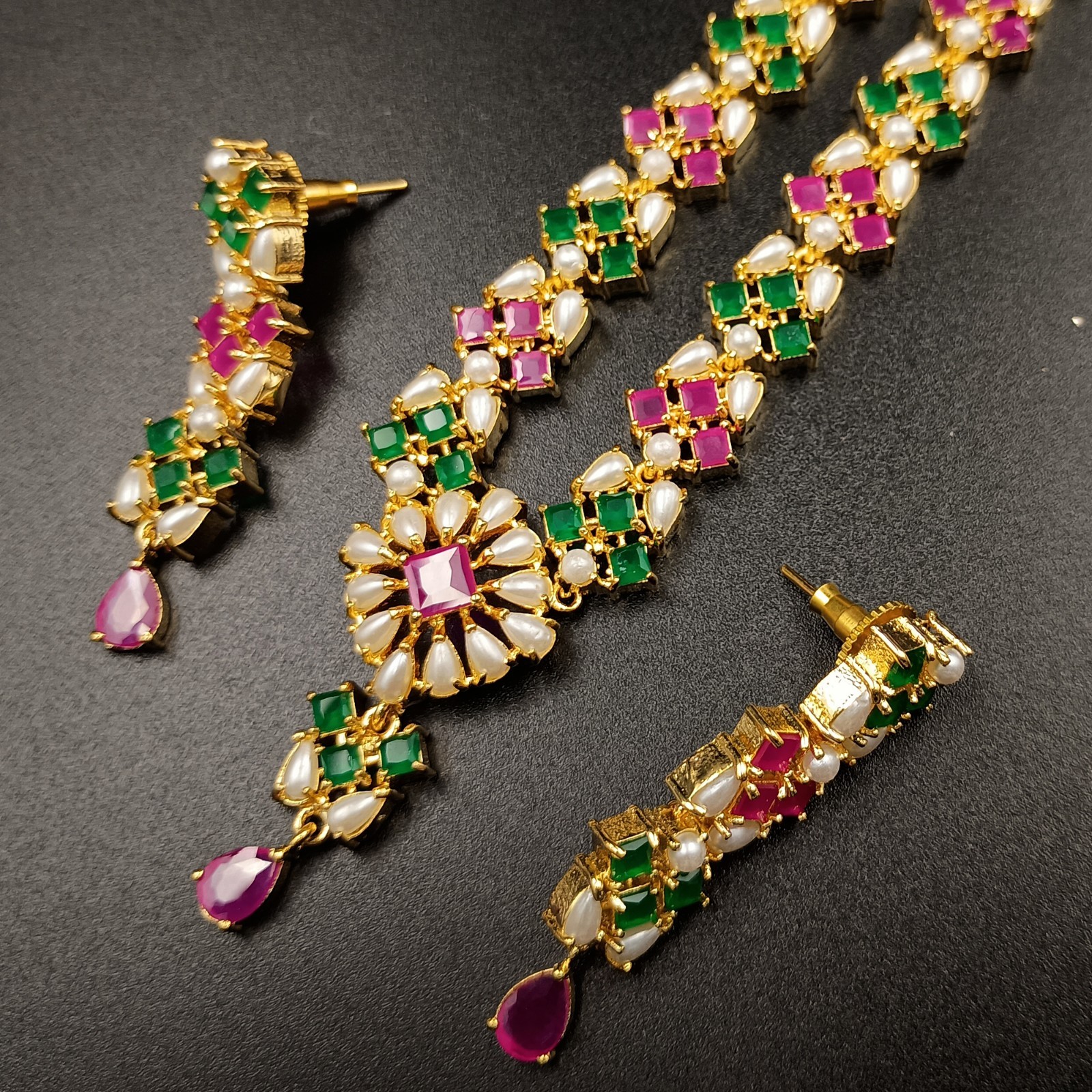 Bollywood Style Ruby Emerald Pearl 22K Gold Plated Jewelry Necklace Earrings Set