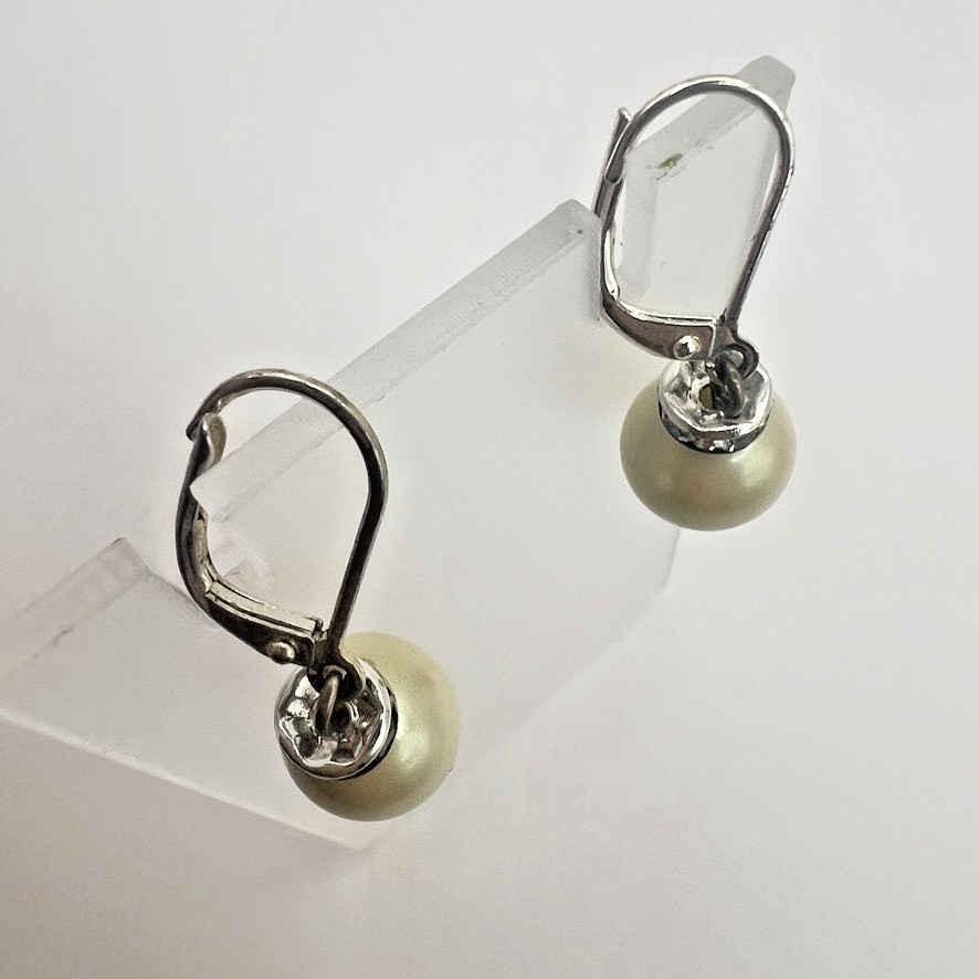 Elegant Pearl Drop Leverback Earrings Rhinestone Rondelles Accents Silver Bridal