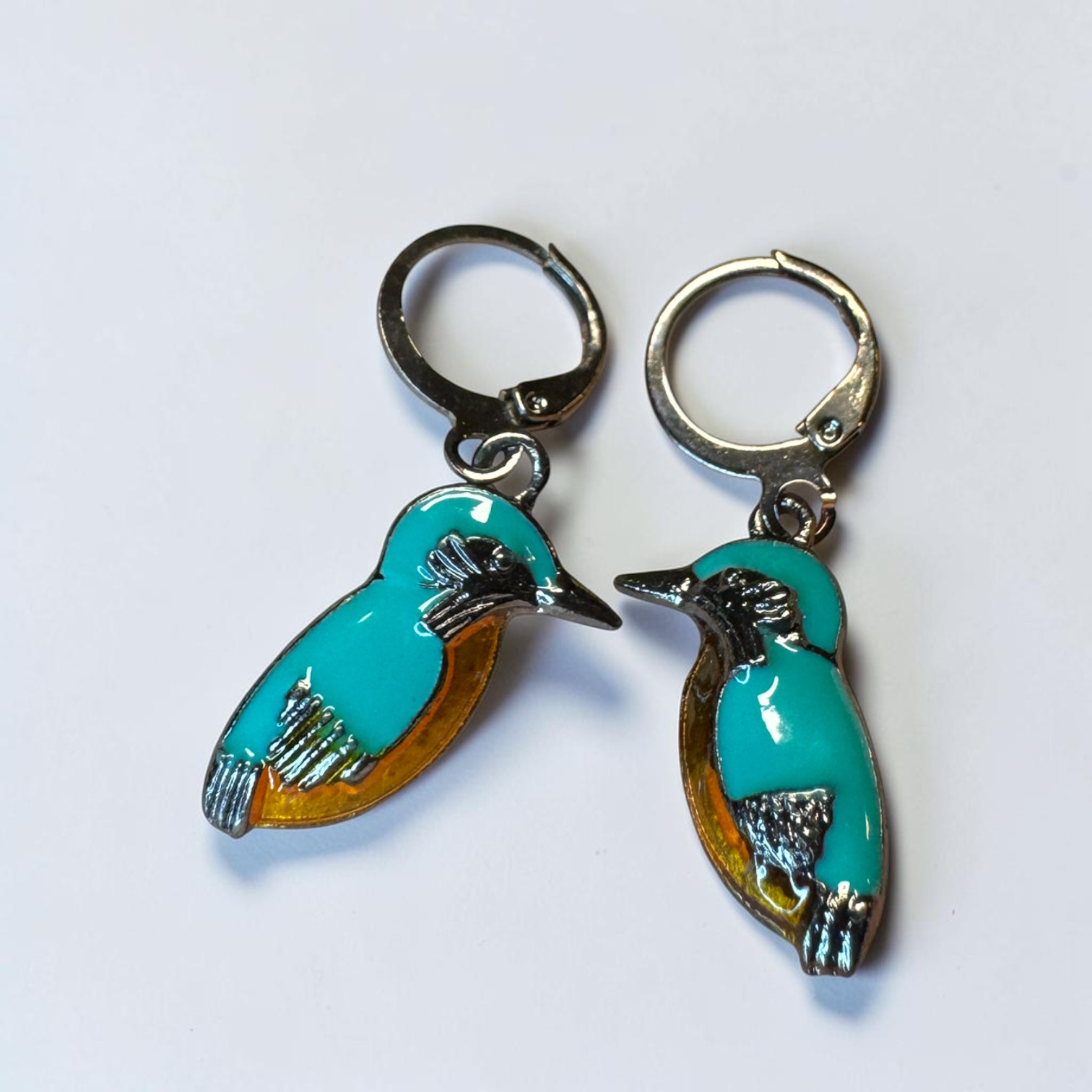 Kingfisher Bird Hoop Earrings Turquoise Enamel Silver Tone Cute Nature Wildlife