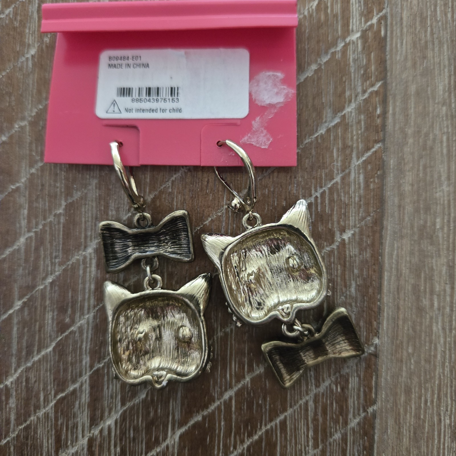 Betsey Johnson Authentic Cat Bow Dangle Drop Earrings Gold Tone Blue Crystal
