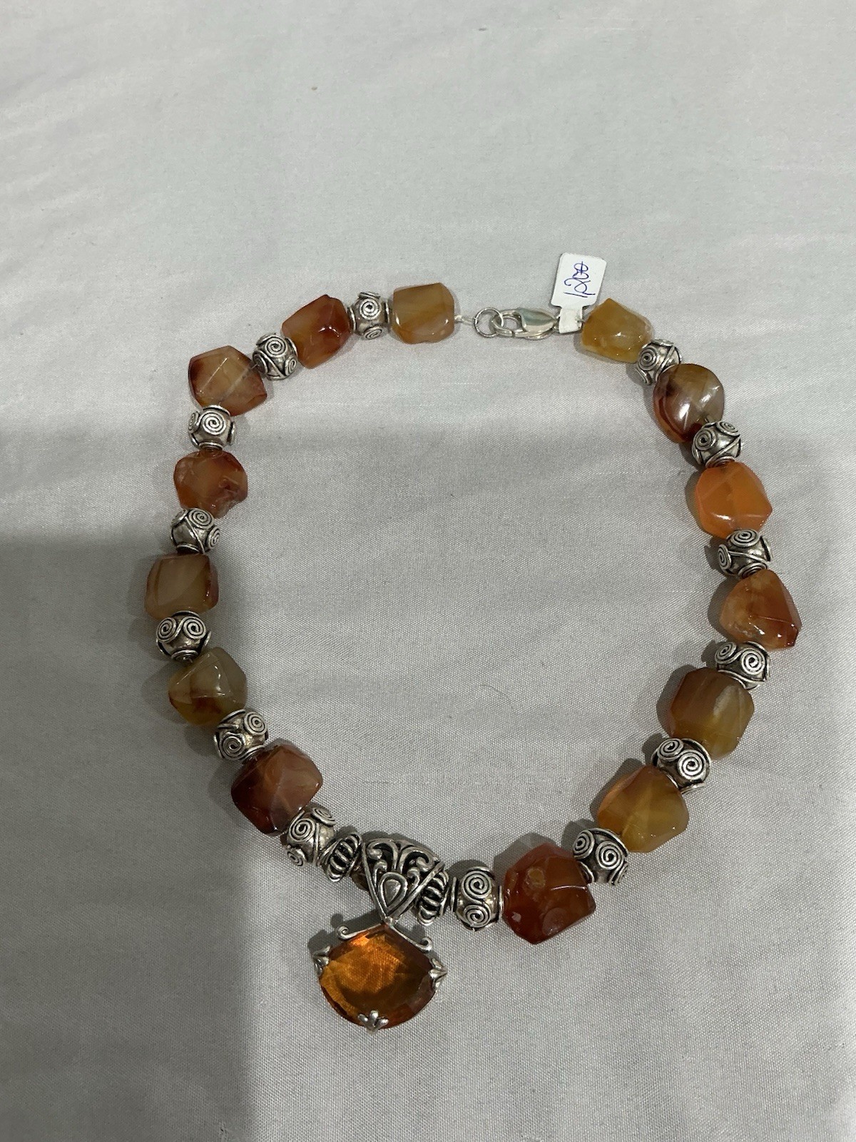 Stering silver with a large Amber stone and Agate Beads Dangle Lobster
