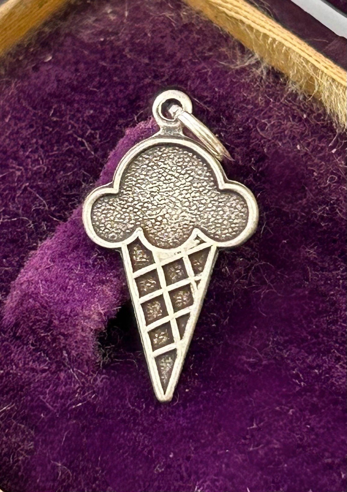 Ice Cream Cone Charm Dessert Pendant Novelty Antiqued Silver Plated Brass
