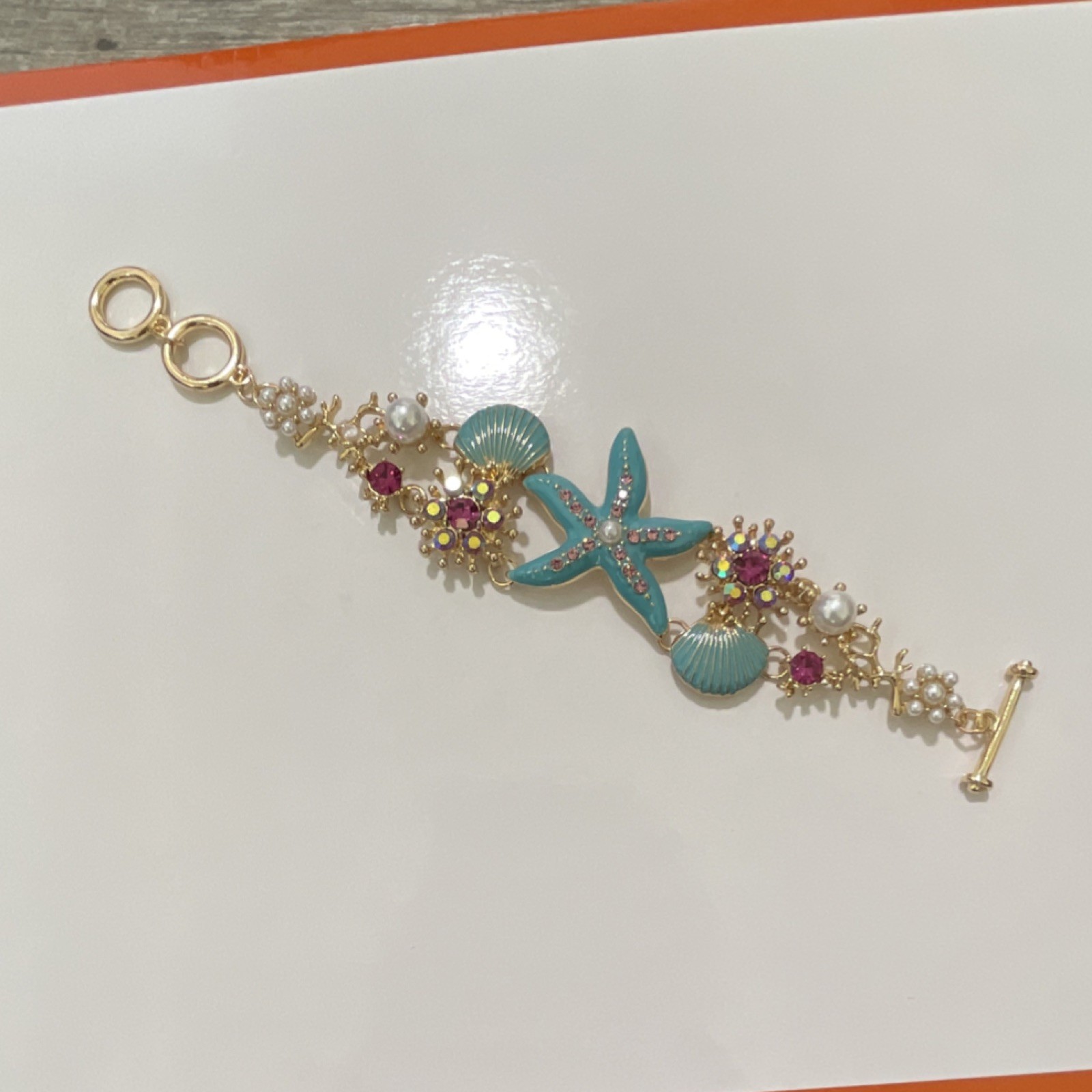 Gold Blue Pink Starfish Seashell Charm Bracelet, Toggle Closure, Adjustable