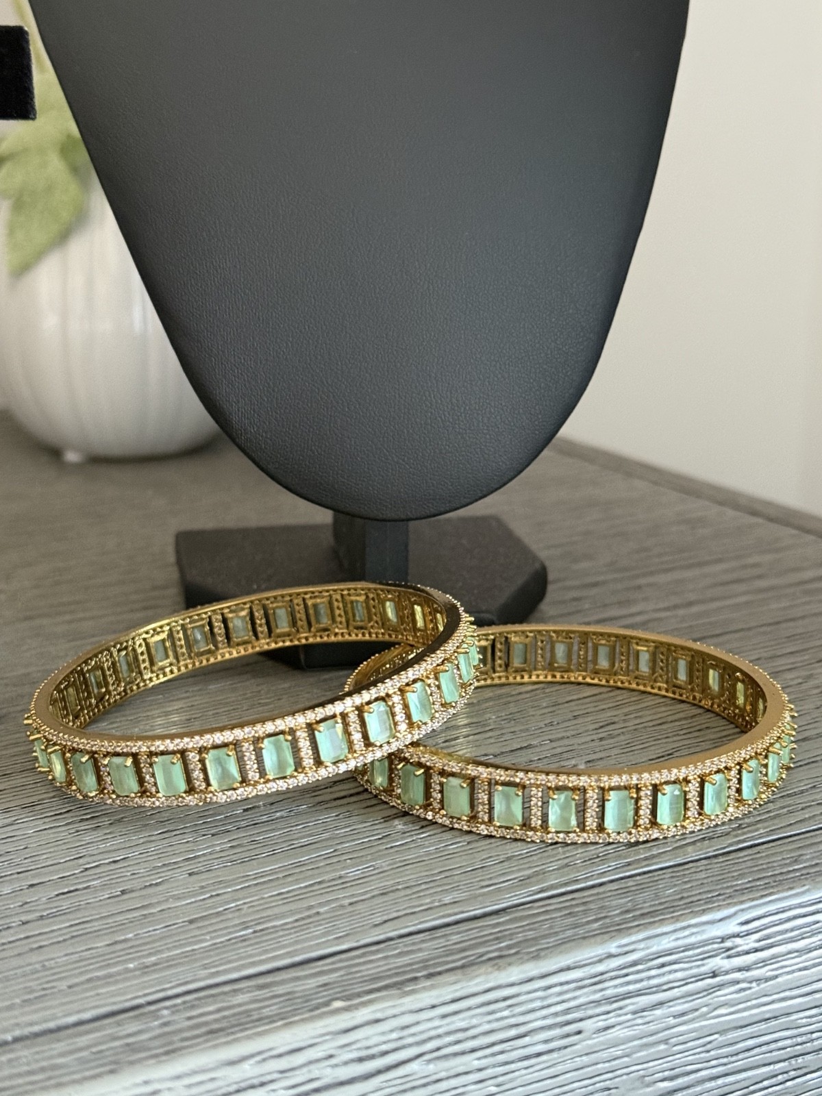 Mint Green CZ Gold Tone Bangle Bracelet Set of 2 Indian Pakistani Jewelry 2.10