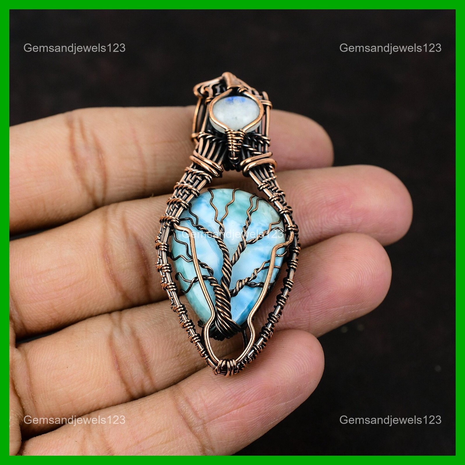 Pear Larimar Stone Rainbow Moonstone Birthday Wire Wrap Pendant Jewelry Copper