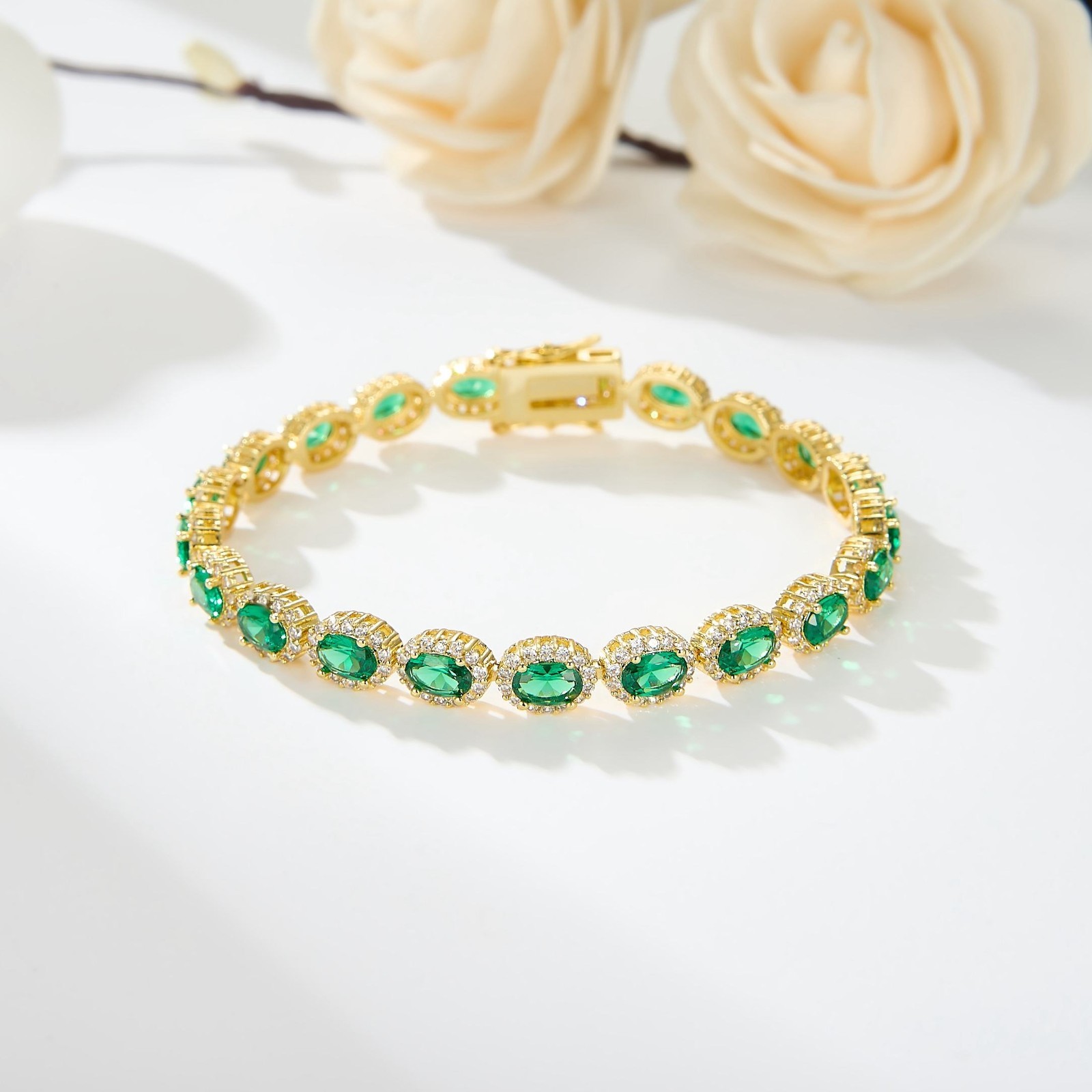 925 Silver Emerald Green Oval Halo Tennis Bracelet Crystal Link Bracelet Women