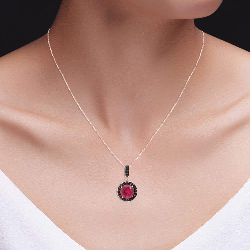 Simulated Pink Ruby & Black Spinel Dangle Pendant Necklace 14k Rose Gold Plated