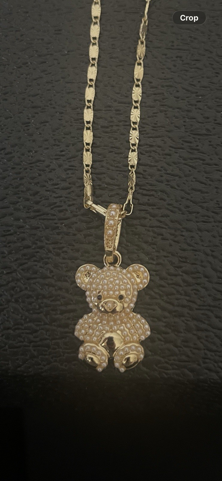 Gold Tone Bar Link Chain Teddy Bear Charm Pendant Necklace Pavé Clear Crystal