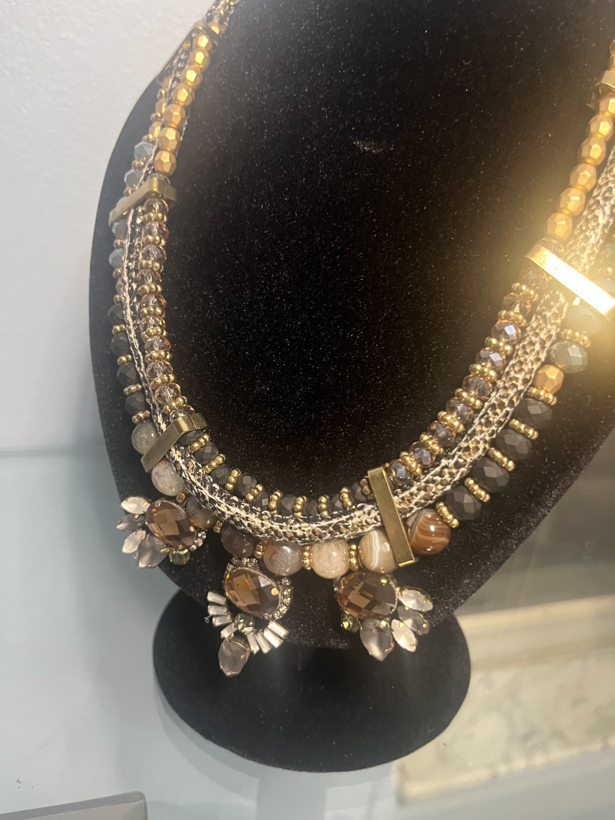 Boho Multi-Strand Bib Statement Neckclace Gold Tone Brown Gray Beads Crystals