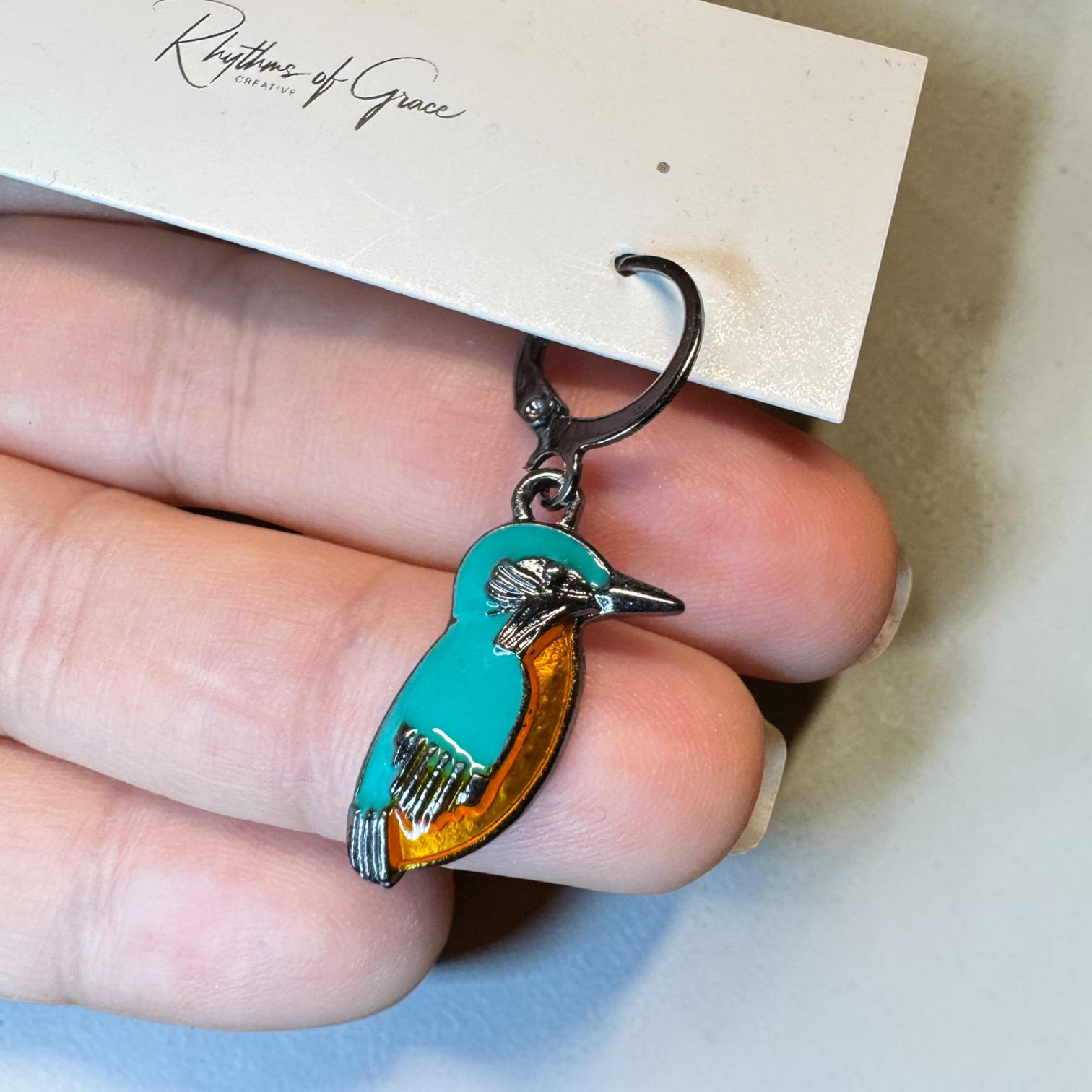 Kingfisher Bird Hoop Earrings Turquoise Enamel Silver Tone Cute Nature Wildlife