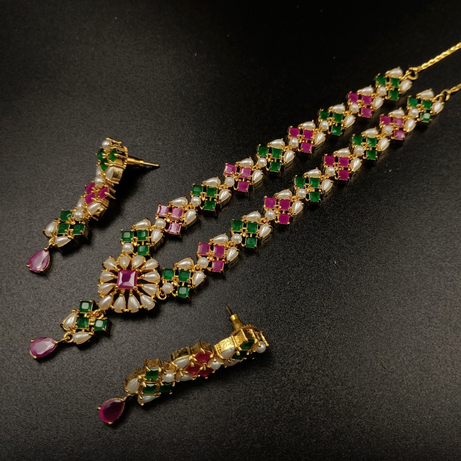 Bollywood Style Ruby Emerald Pearl 22K Gold Plated Jewelry Necklace Earrings Set