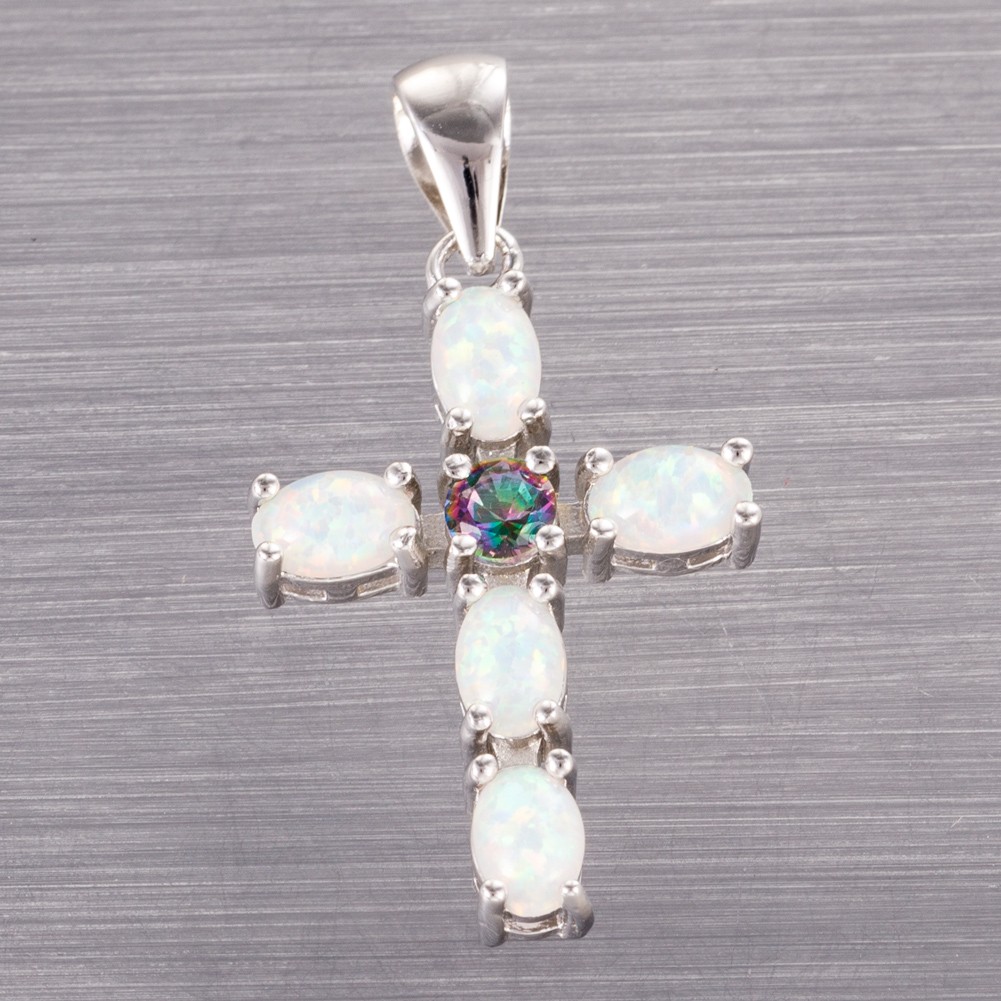 Latin Cross Mystic Topaz White Fire Opal Silver Jewelry Necklace Pendant