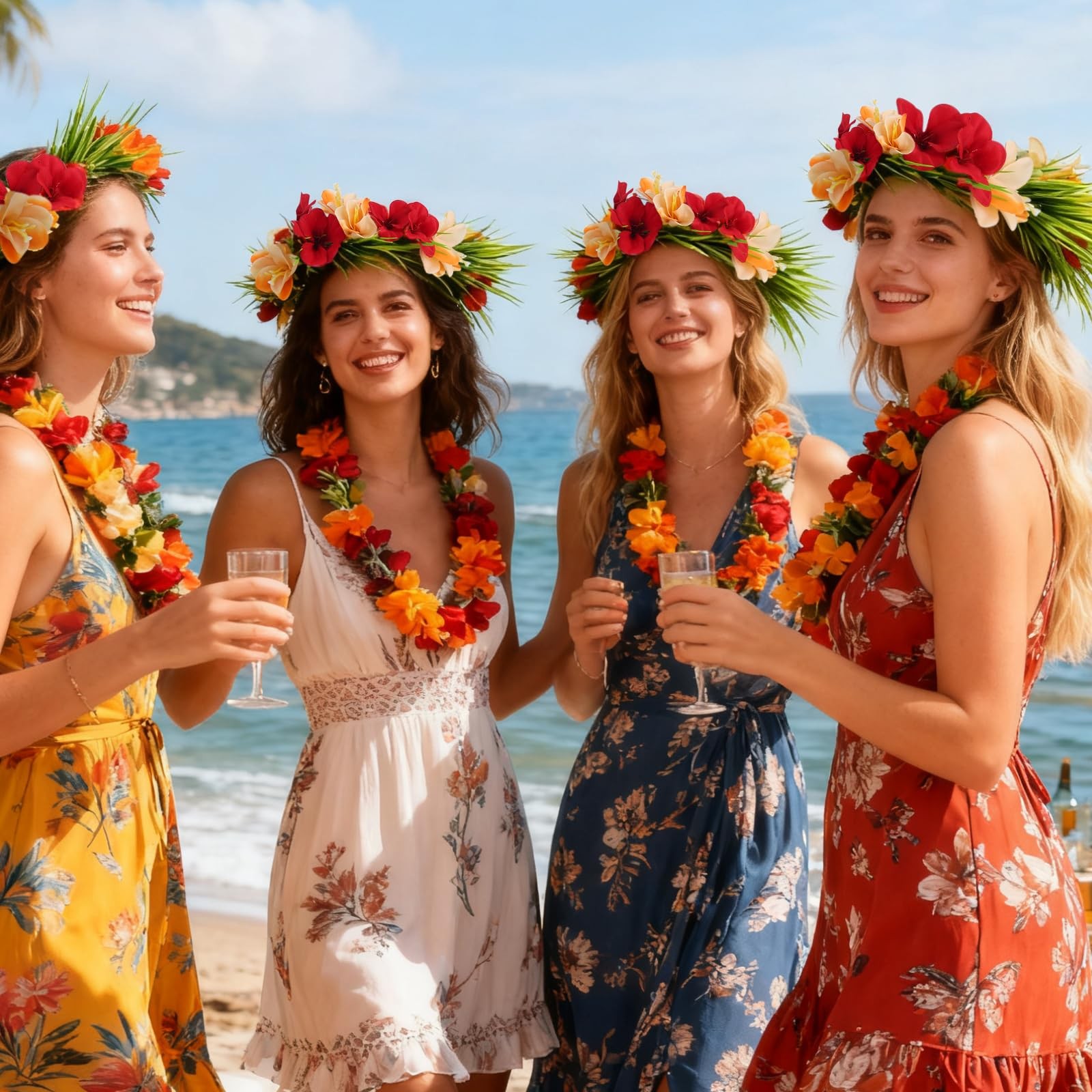 Hawaiian Leis Flower Crown Headband with Ribbon – General, Red+orange