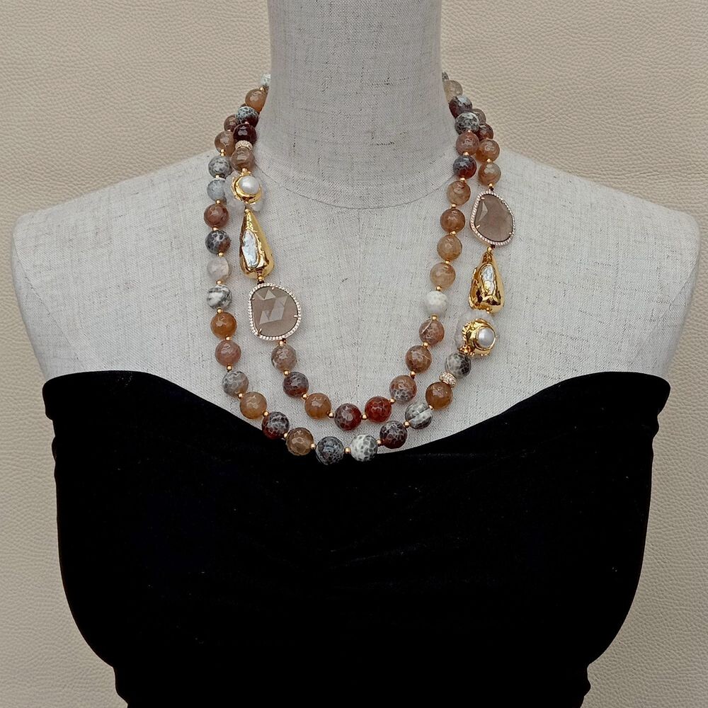 2 Strands Faceted Brown Agate Crystal Pearl Quartz Druzy Necklace 21″