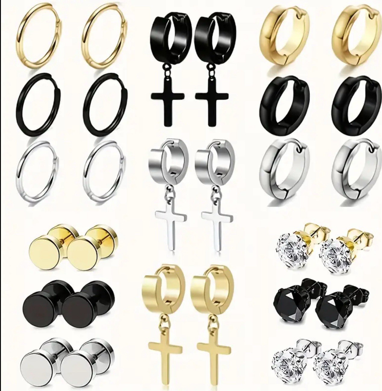 30pcs Men’s Casual Earrings Set – Stainless Steel Studs & CZ Hoops