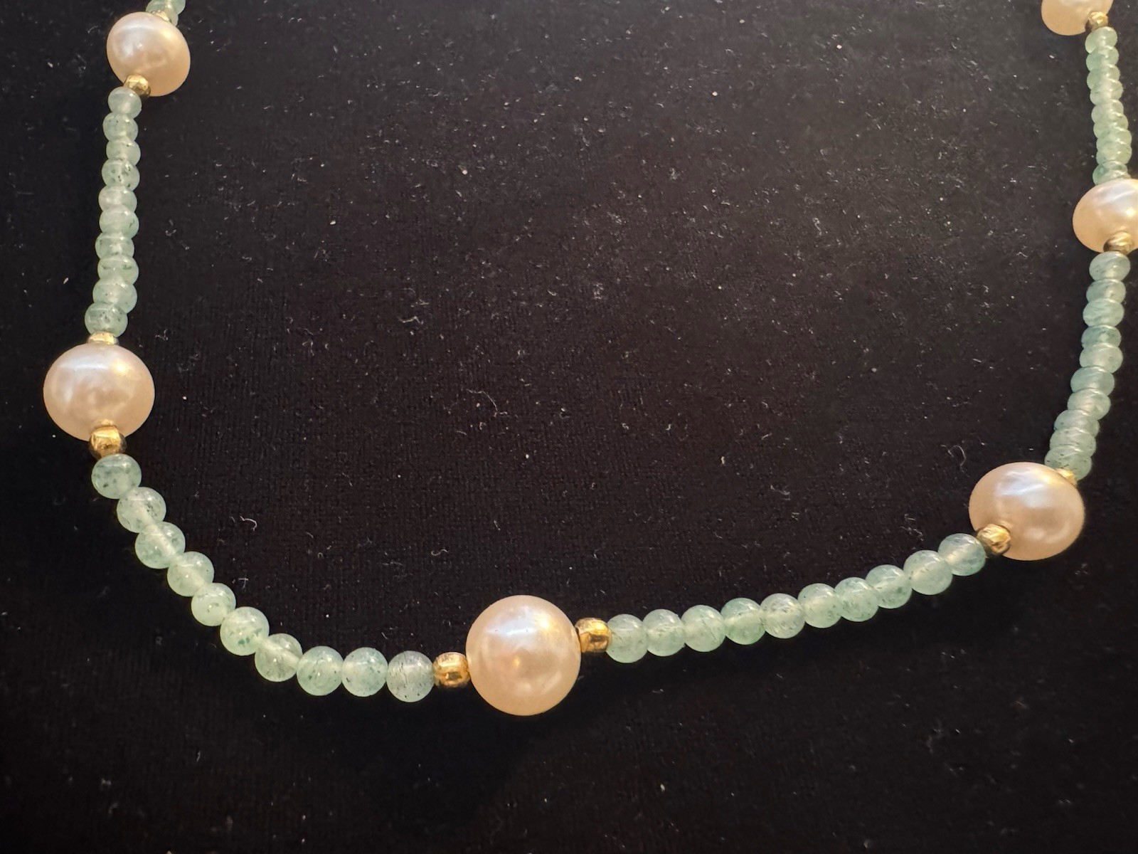 Chinese Jadeite Beaded Necklace With Faux Pearls And Gold Tone Filagree Clasp .