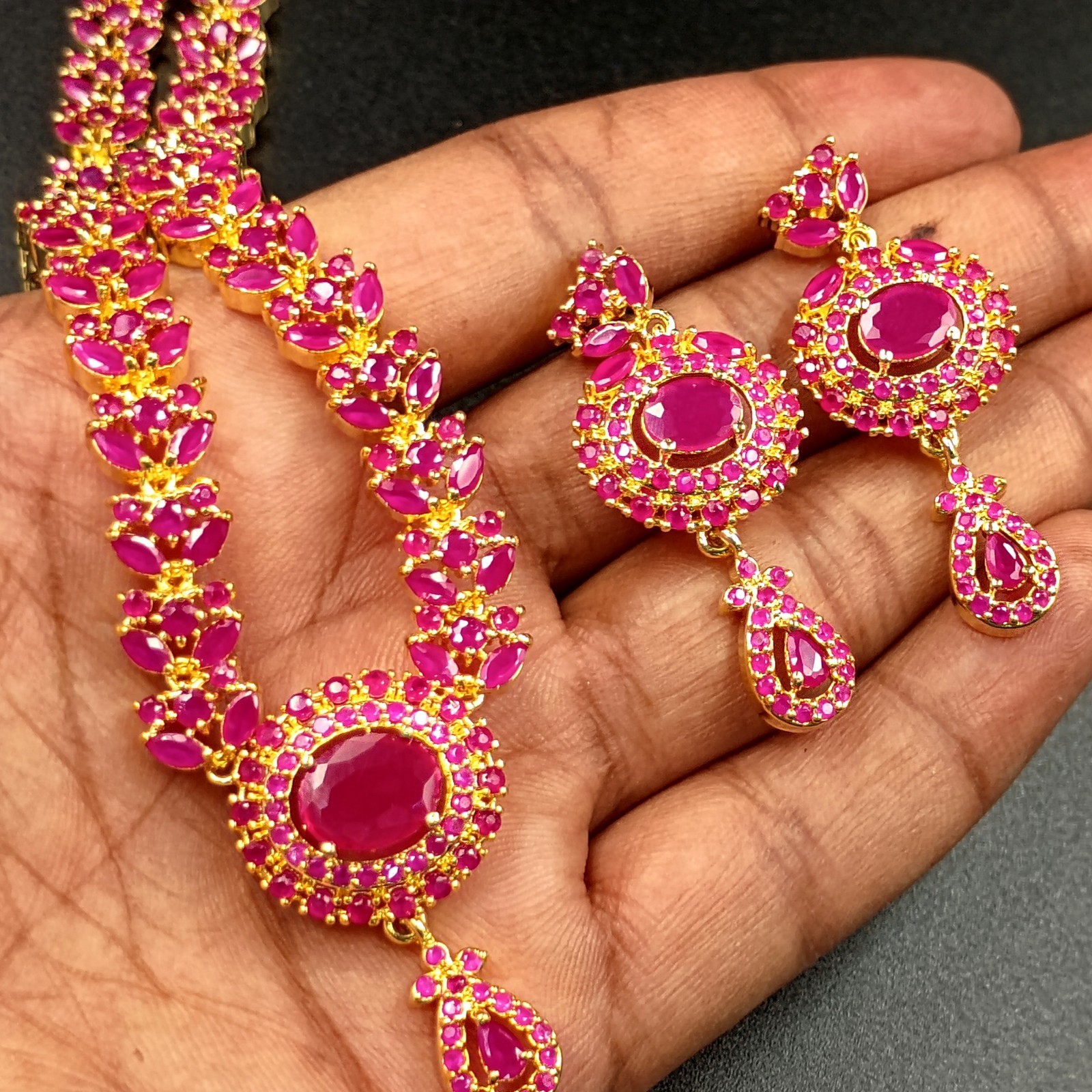 Traditional 22K Gold Plated Oval Red Ruby Necklace Set Bollywood Wedding Wear Gi