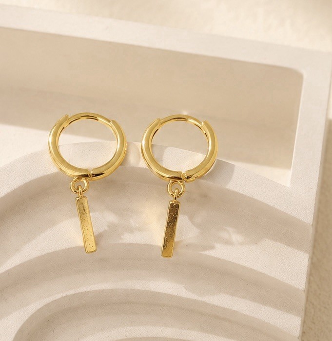 18K Gold Plated Dangle Bar Huggie Earrings Dainty Small Hoop Drop Earrings 052