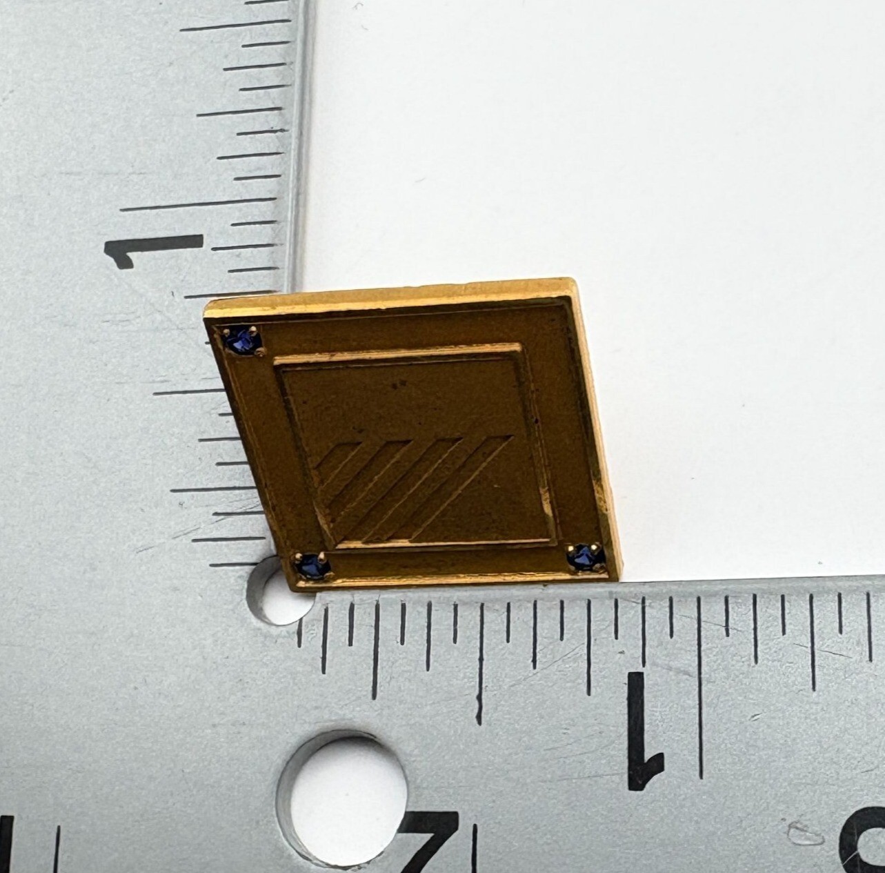 Jostens Gold Tone Square Lapel Pin with Blue Rhinestone Accents Geometric Design