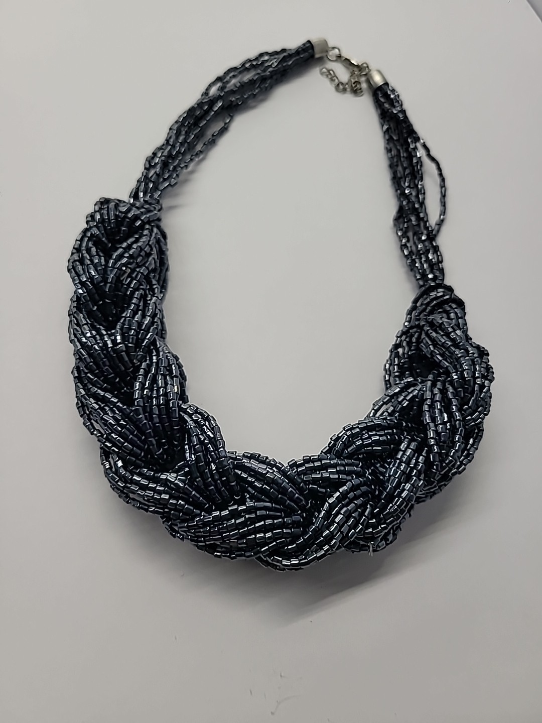 Multi Strand Seed Bead Necklace Twisted Navy Black Statement Jewelry