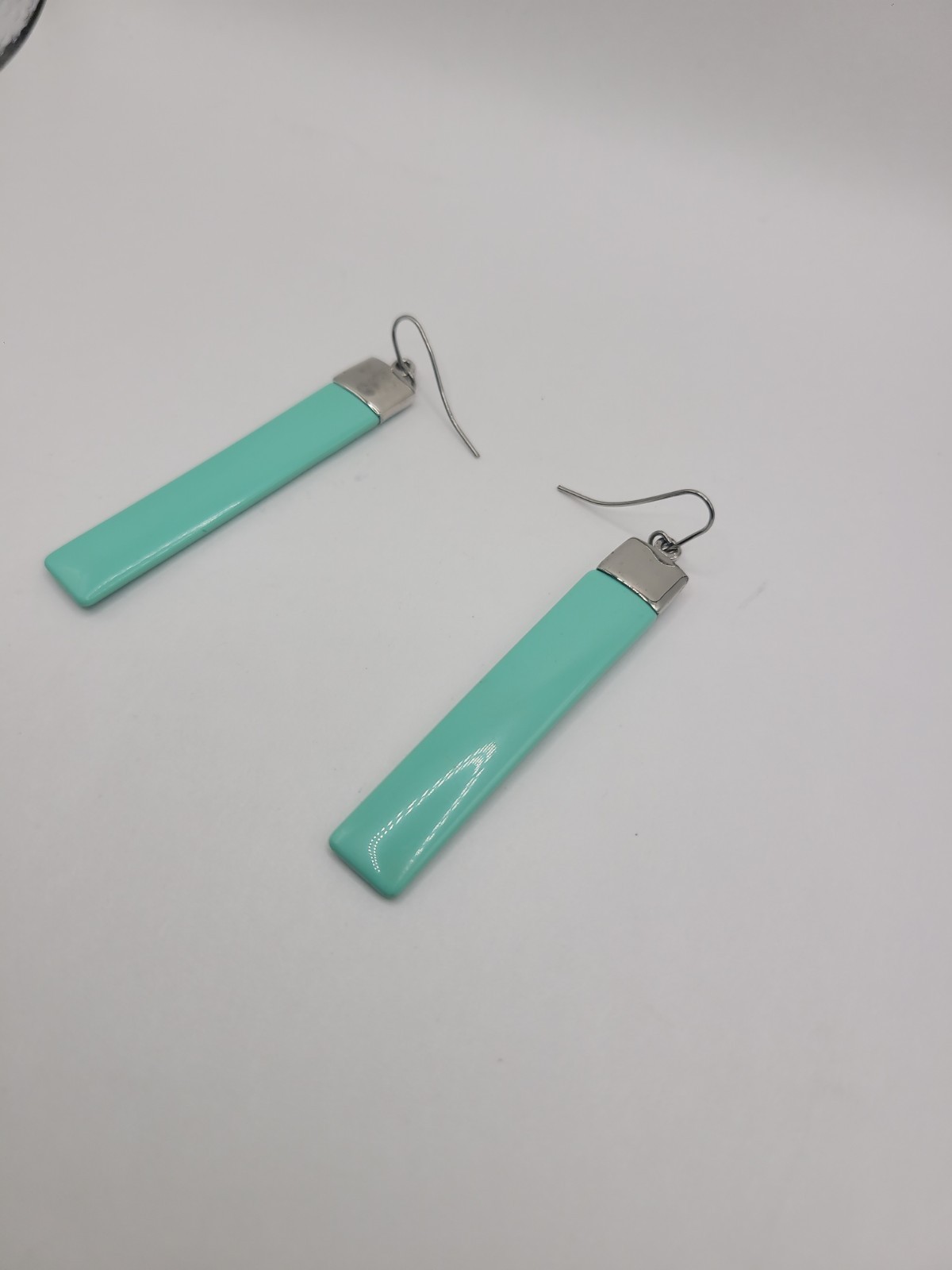 Modern Blue-Green Bar Dangle Earrings Silver Tone Minimalist Geometric Long Drop