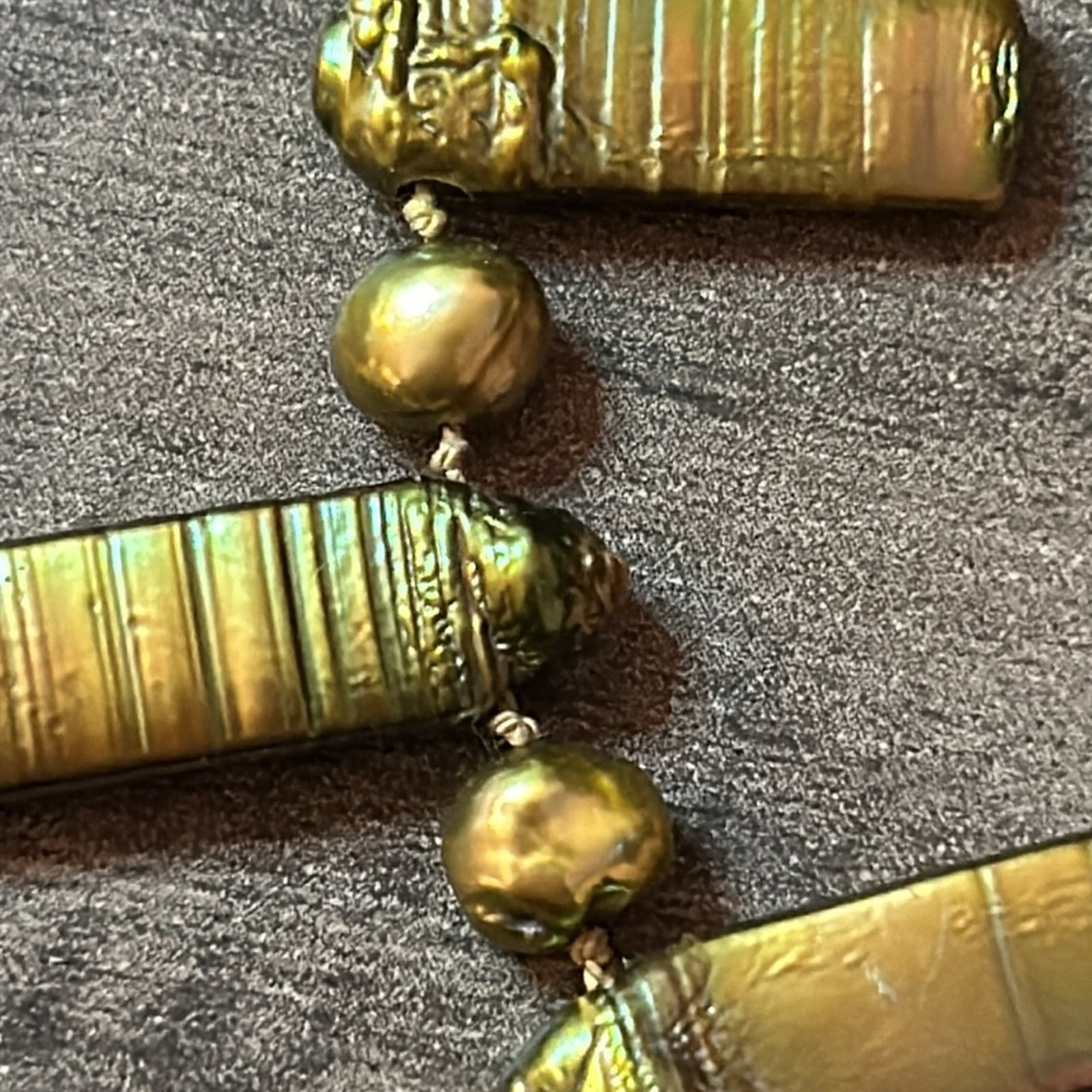 Vintage Green Stick Pearl Statement Necklace #924 hand knotted yellow-green