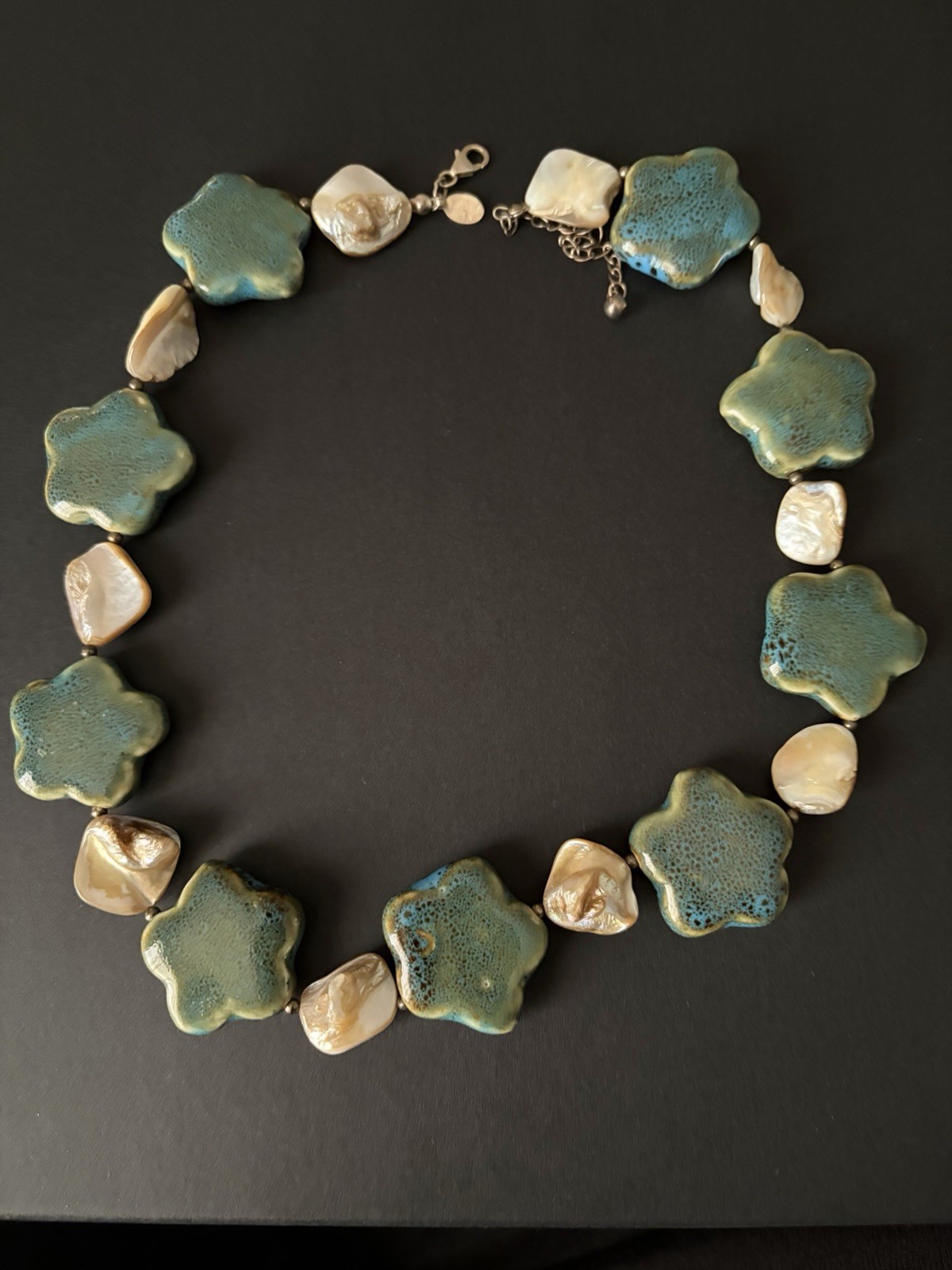 Vintage Donna Dressler Signed 23.5″ Teal Star Necklace – Mother of Pearl 925