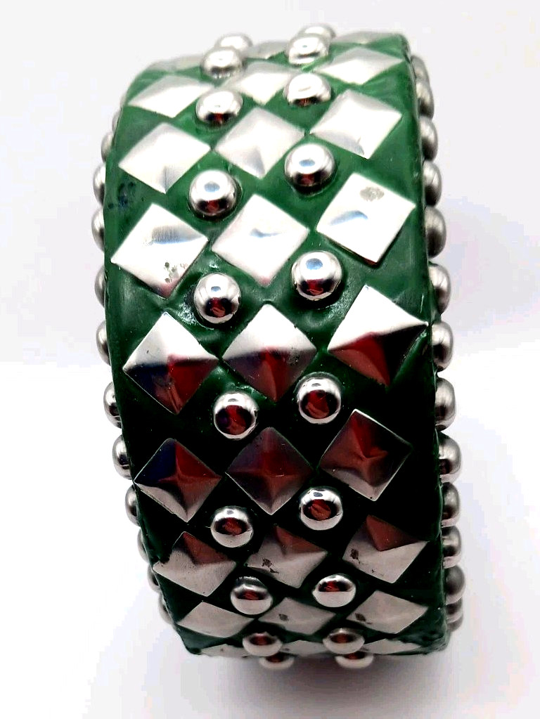 Gothic Wood Bangle 5 Row Metal Studded Green Heavy Bracelet