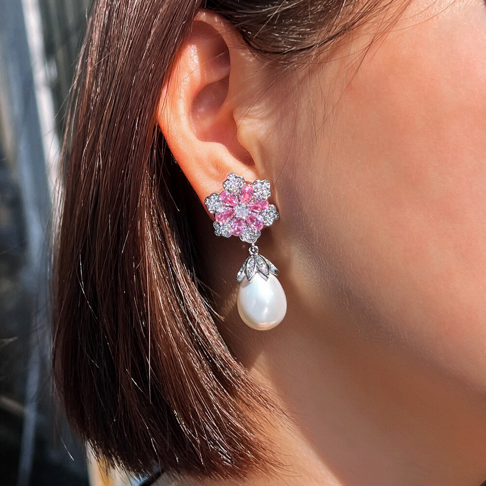 Beauty Silver Plated Cubic Zircon Ladies Pink Flower Pearl Dangle Drop Earrings