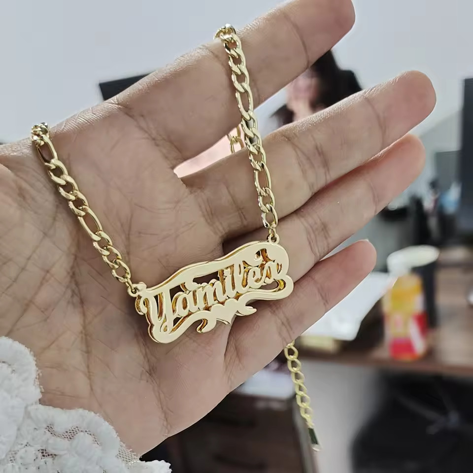 Custom Double Sided Name Necklace Jewelry Figaro Chain Stainless Steel Heart