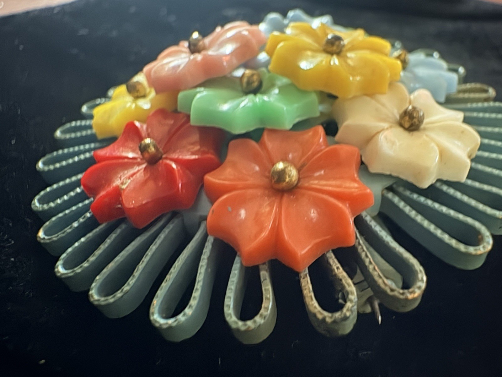 Vintage Unsigned Miriam Haskell Brooch Pin Celluloid Flowers 1930-1940s