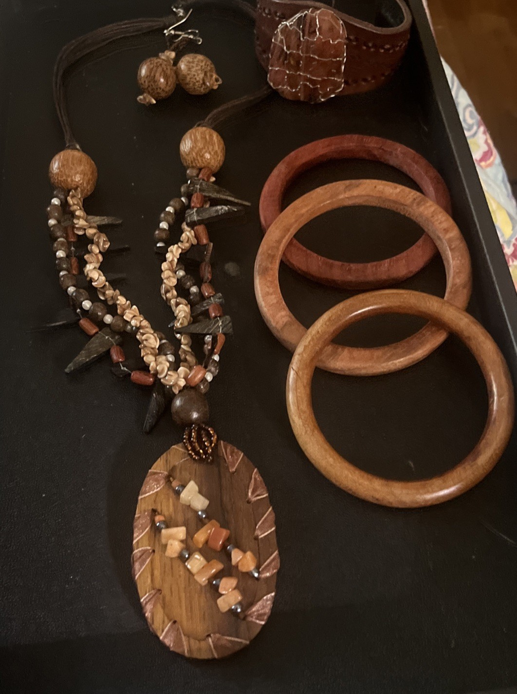 Artisan Boho Jewelry Bundle – 1 Necklace, 4 Bracelets, 1 Pair Earring Wood Cool