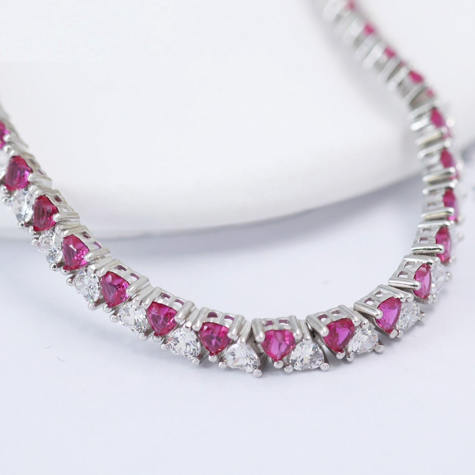 925 Silver Pink Ruby & Moissanite Clear Heart Crystal Tennis Bracelet Women Gift