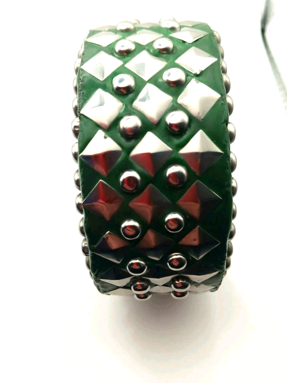 Gothic Wood Bangle 5 Row Metal Studded Green Heavy Bracelet