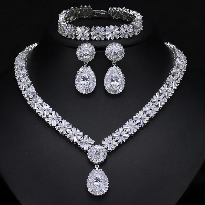 Gold Plated Water Drop Pageant Necklace Earring Bracelet CZ Zirconia Jewelry Set