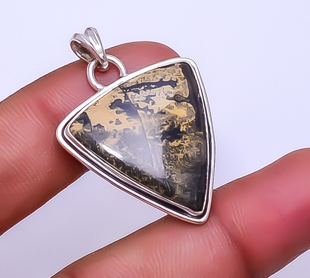 Honey Dendritic Opal – Mexico Gemstone 925 Sterling Silver Pendant 1.64″ P22