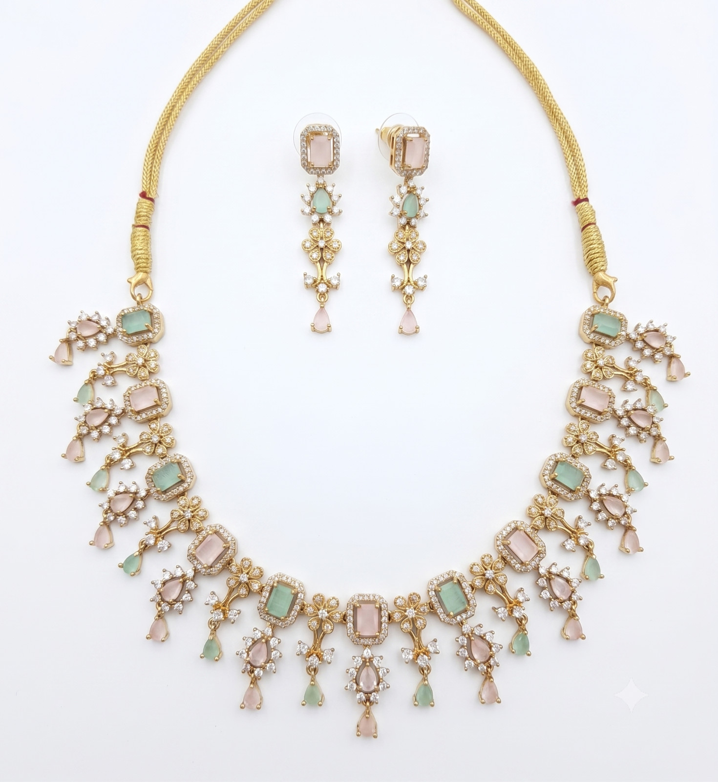 Indian CZ American Diamond Necklace Earrings Set Pastel Pink Green Gold Plated
