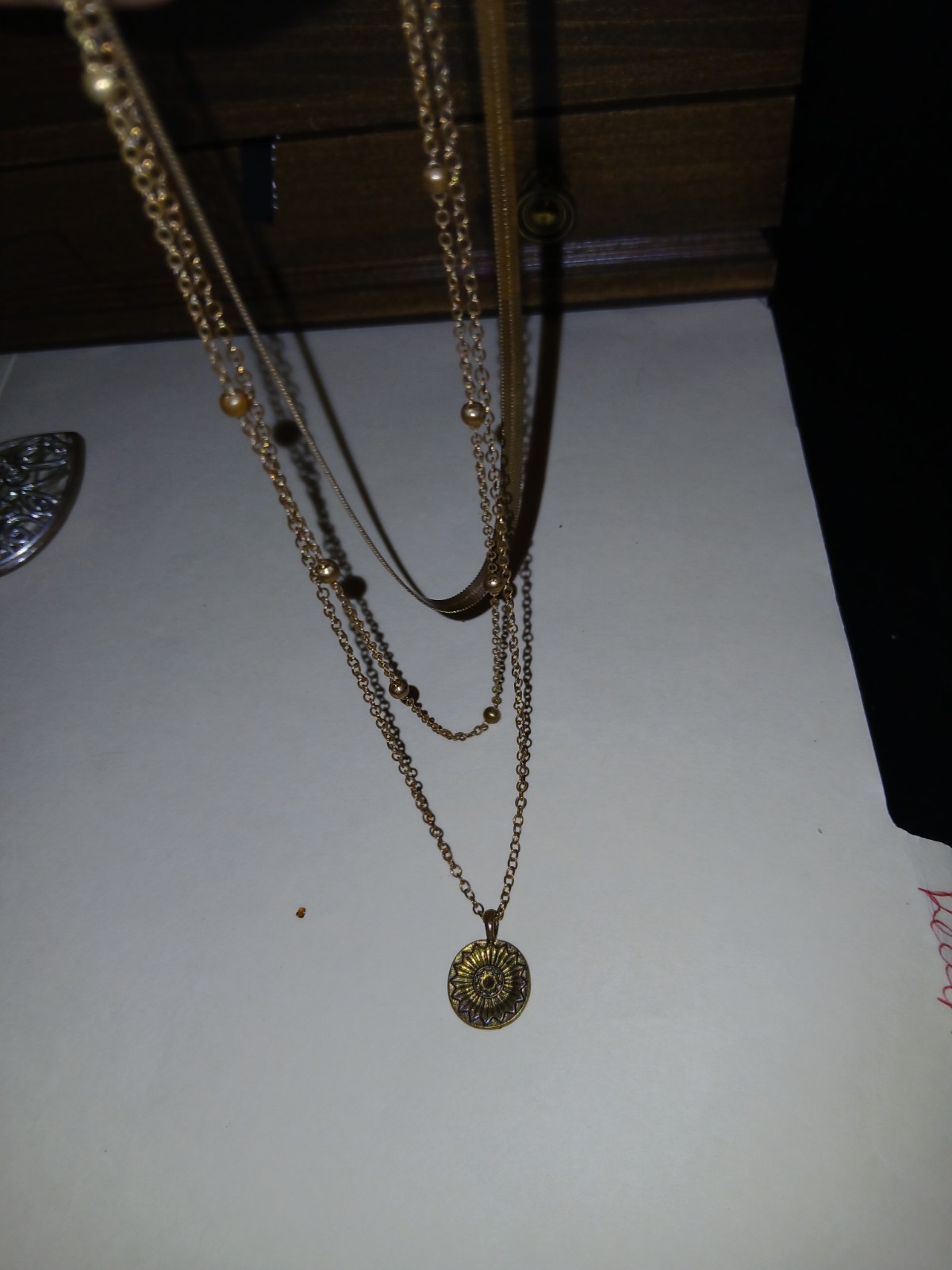 Gold Tone Layered Cable Chain Necklace Round Charm Pendant No Stone Metal