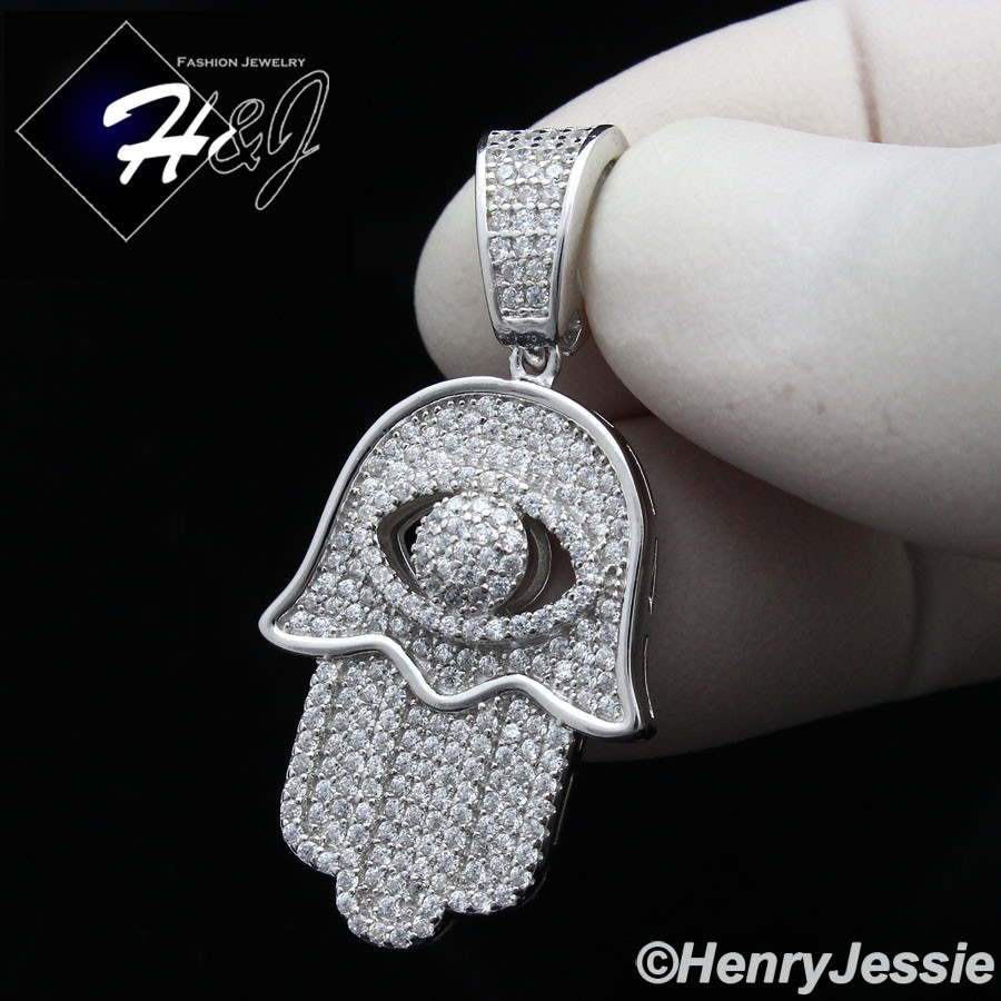 925 STERLING SILVER 24″X2MM MOON CUT BEAD CHAIN ICY CZ 3D HAMSA HAND PENDANT*178