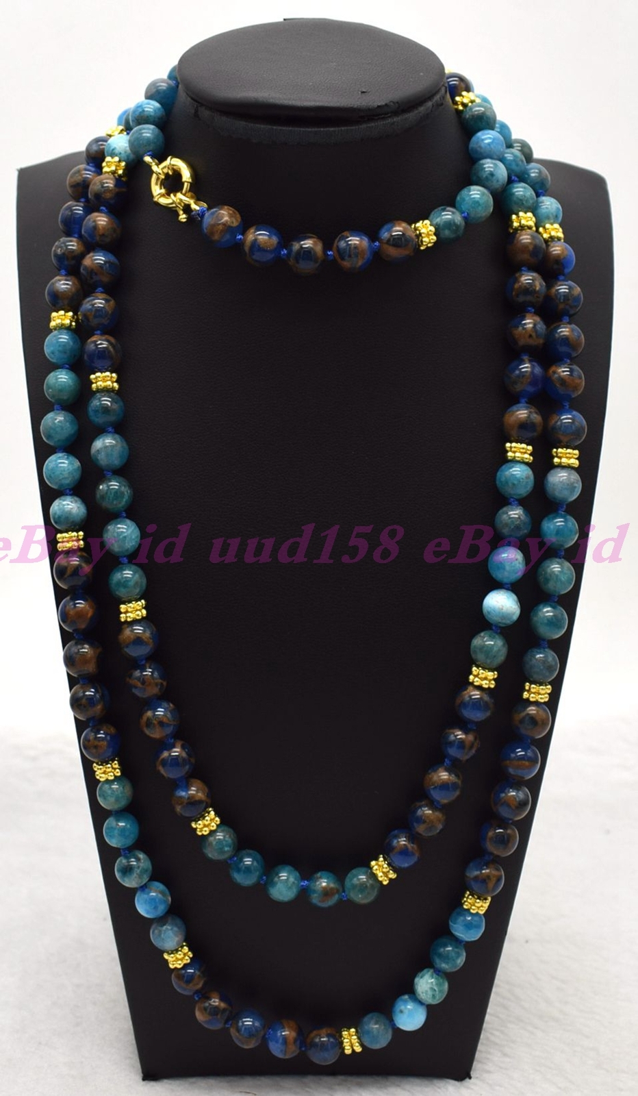 Natural 8mm Blue Gems in Pyrite & Apatite Round Gemstone Beads Necklace 16-50″