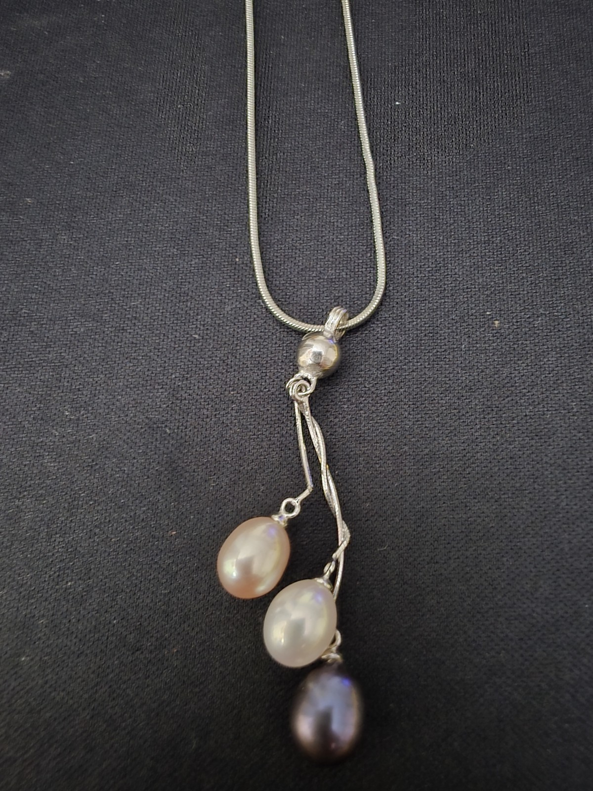 Snake Chain Necklace with Three Oval Pearl Pendants in Silver Tone