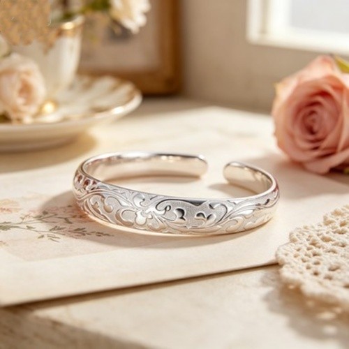 2 Pcs Floral Engraved Cuff Bangle Bracelets for Women Fashion Jewelry Gift