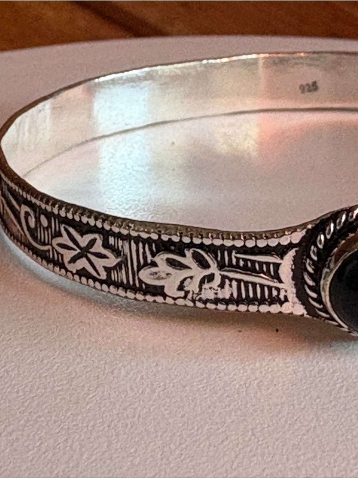 Sterling Silver Black Onyx Floral-Engraved Cuff Bracelet
