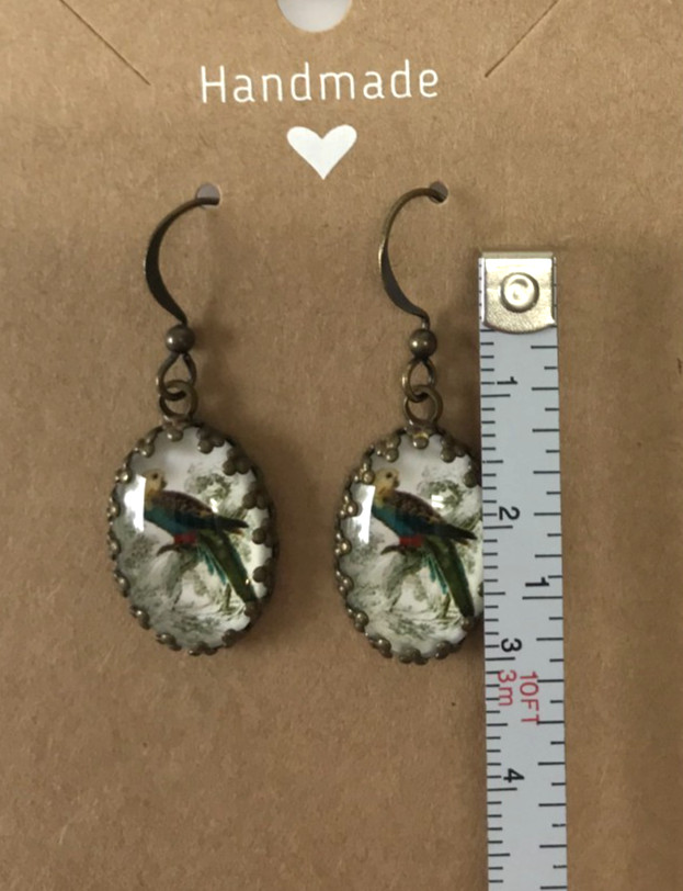 Vintage Style Parrot Bird Image Glass Cabochon Bronze Dangle Hook Earrings